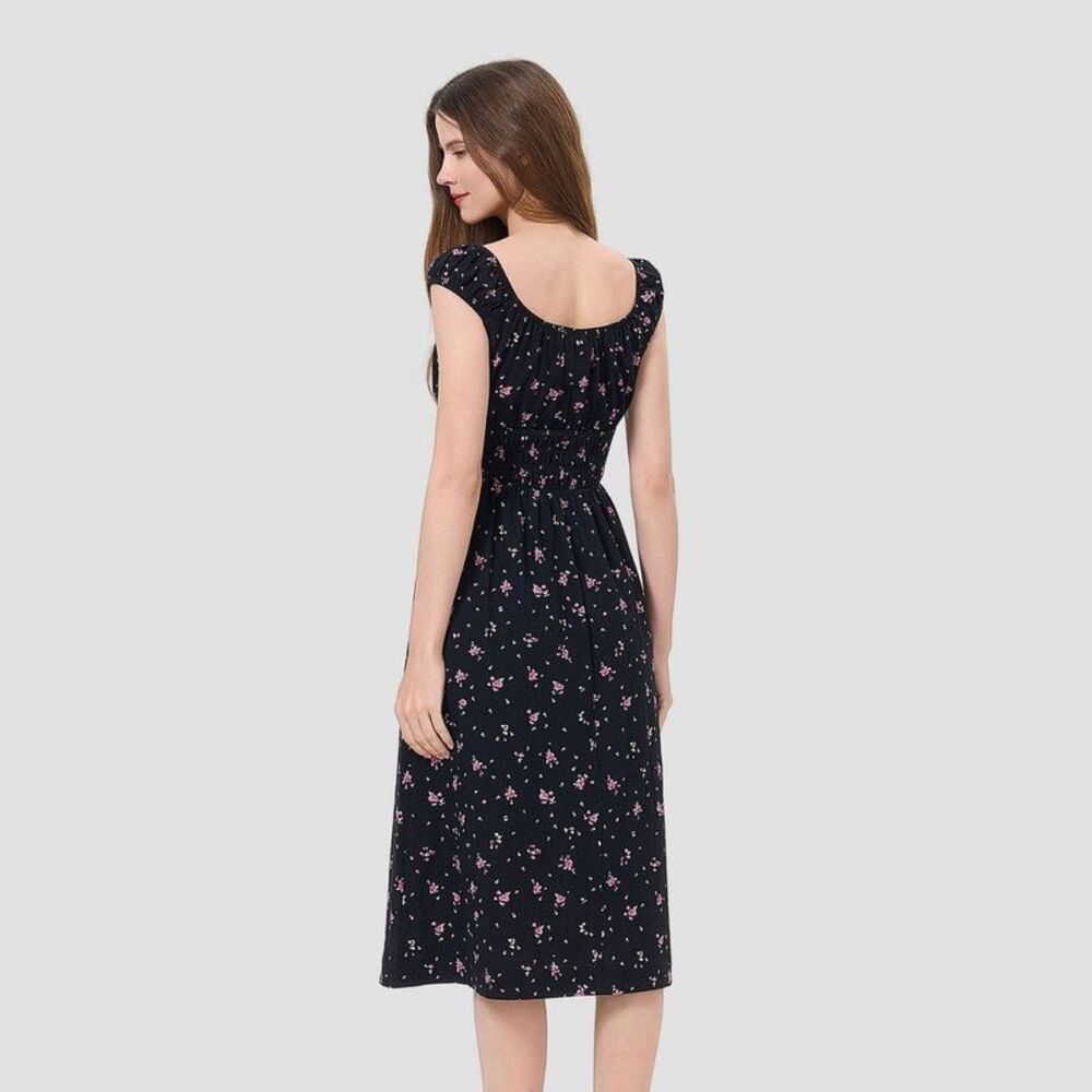 Women's Cap Sleeve Boho Midi Dress - Universal Thread Black Floral M - Picture 2 of 3